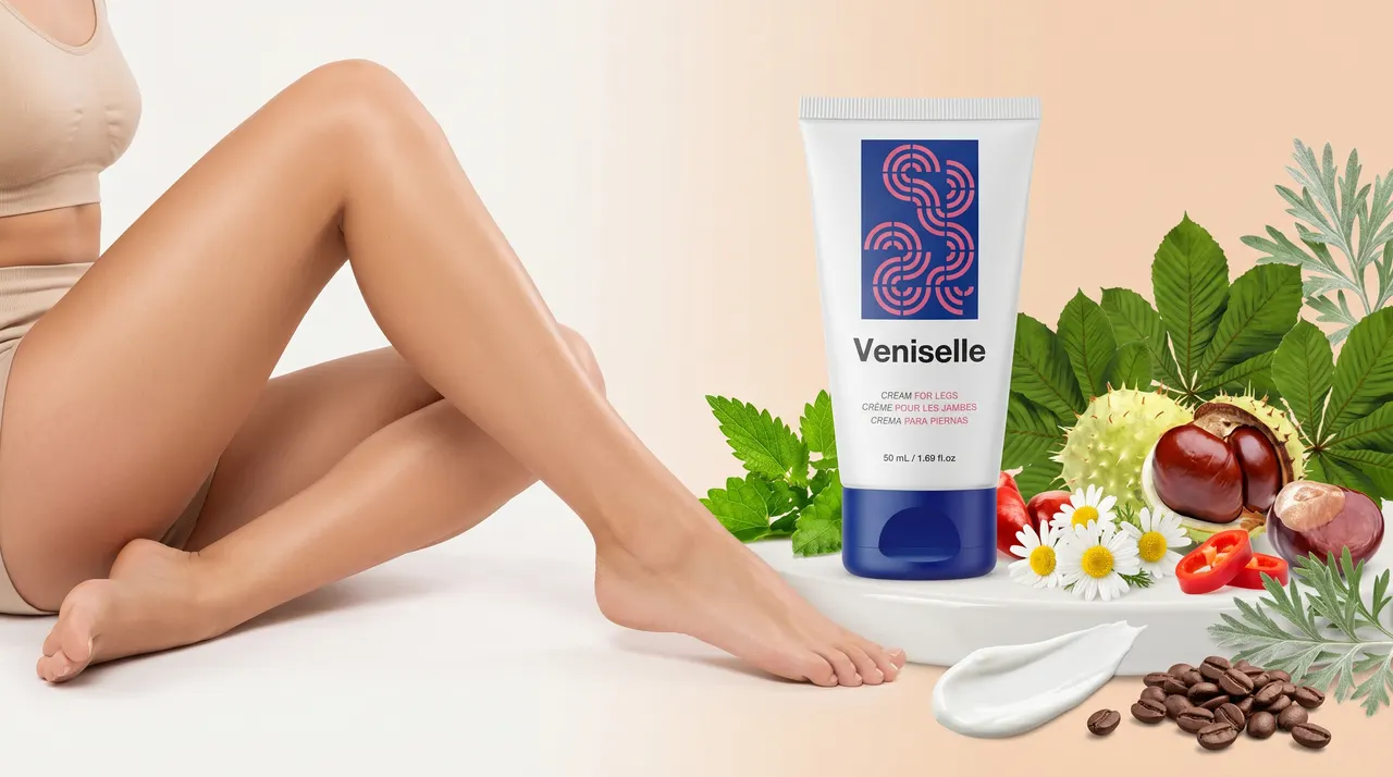Mujer sentada con las piernas cuidadas junto al tubo de Veniselle y ramas botánicas