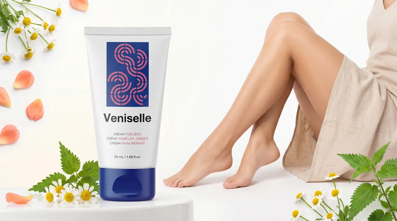 Mujer con las piernas relajadas junto a la crema Veniselle y flores de manzanilla