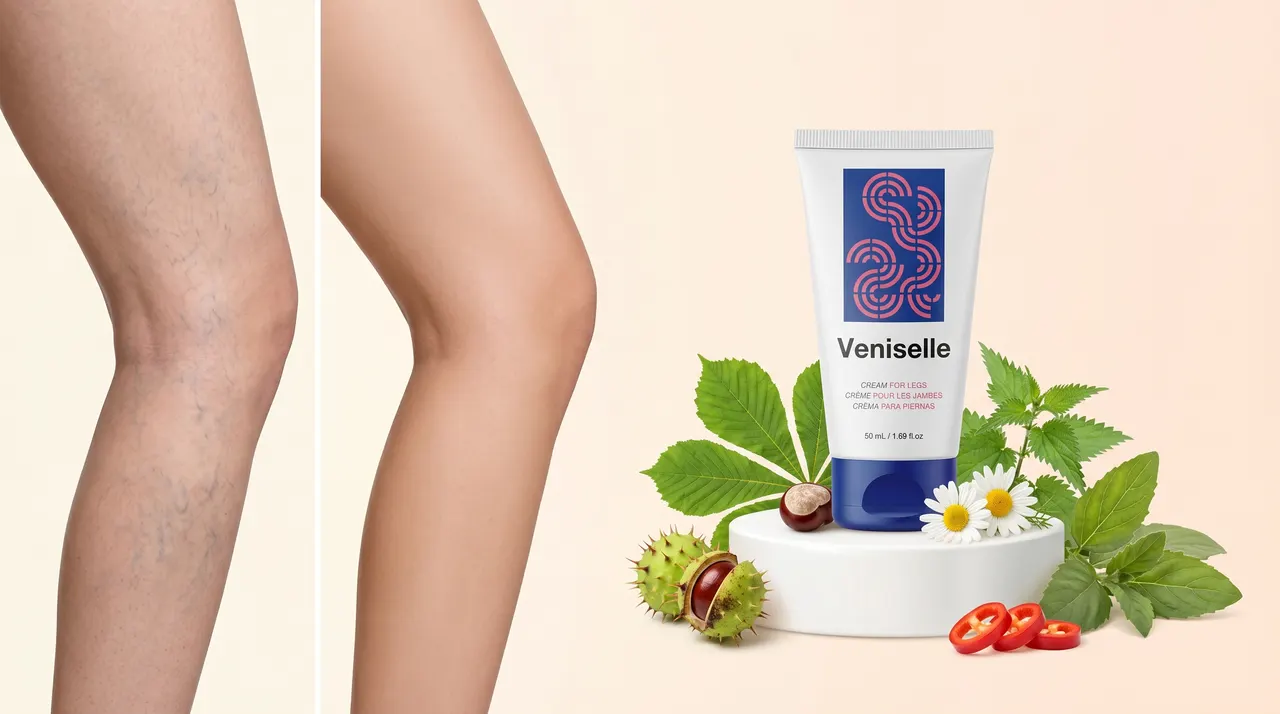Comparación de la piel de las piernas antes y después de un cuidado constante, junto a la crema Veniselle
