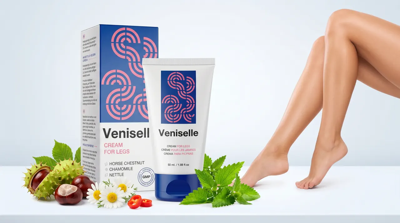 Caja y tubo de la crema Veniselle junto a sus ingredientes botánicos sobre un fondo suave