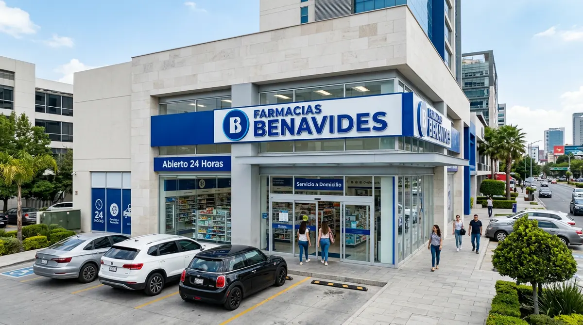 Fachada de una sucursal de Farmacias Benavides en México