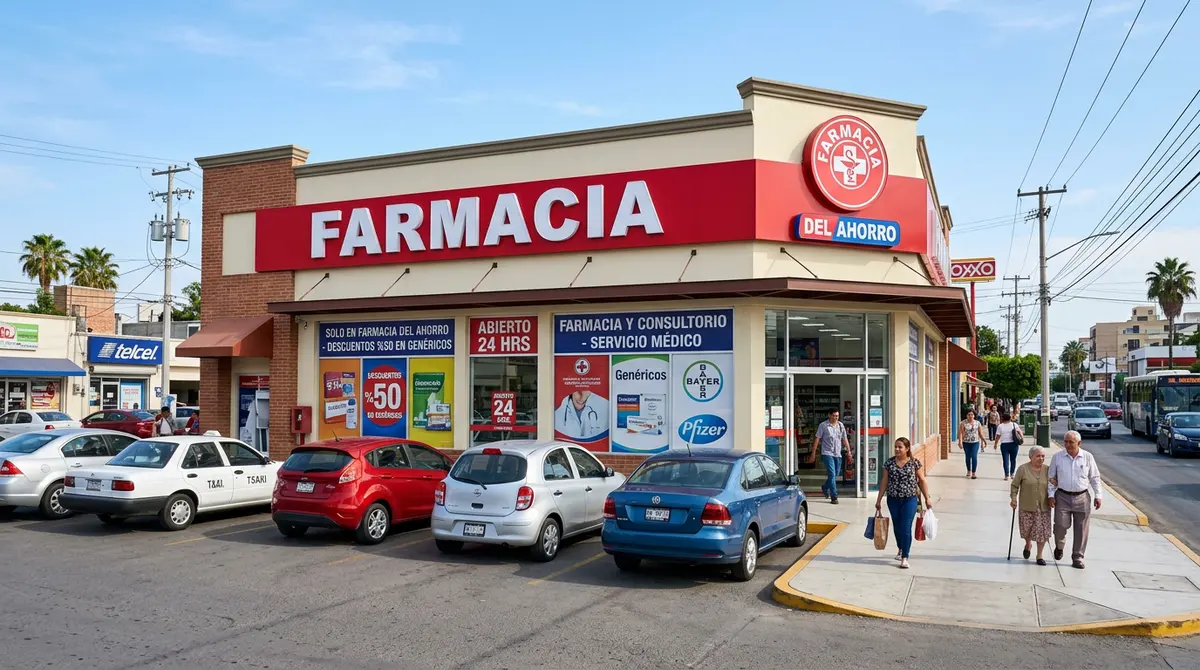 Fachada de una sucursal de Farmacias del Ahorro en México