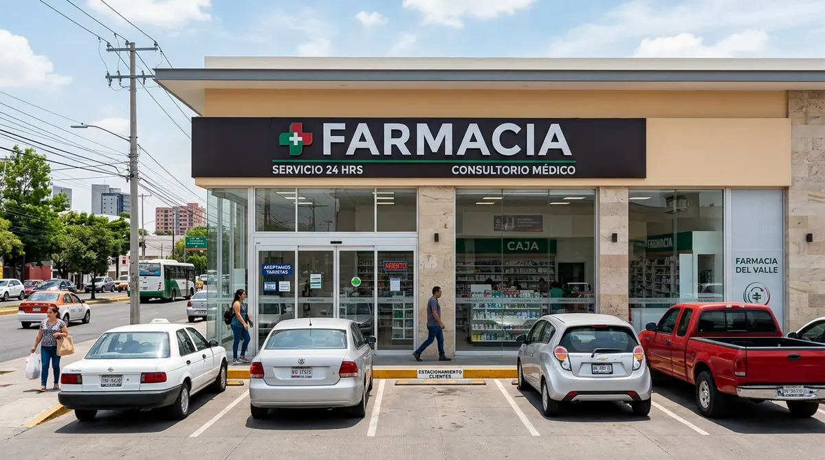 Fachada de una farmacia moderna mexicana