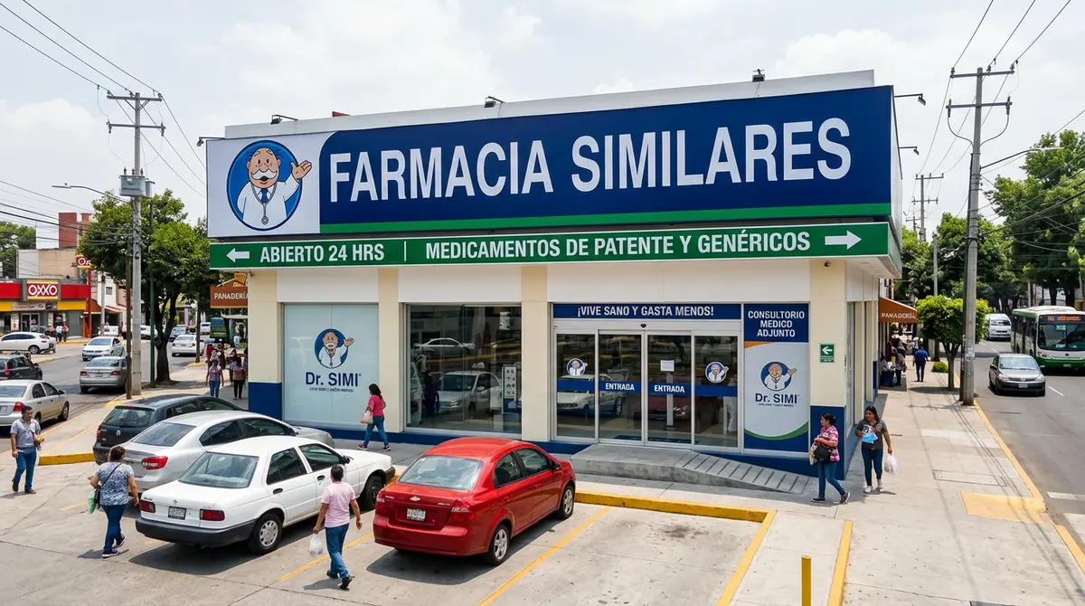 Fachada de una Farmacia Similares (Dr. Simi) en México