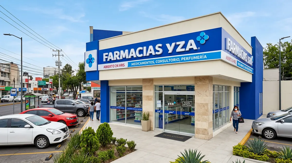 Fachada de una Farmacia YZA en México